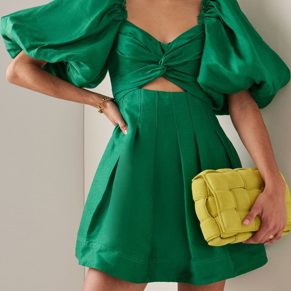 $425 NWT Aje Women's Dusk Knot Puff Sleeve Mini Dress Emerald Green Size 0